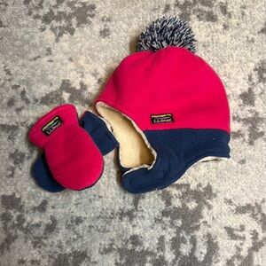 L.L. Bean Kids' Pinky Red and Blue Winter Hat and Mittens Set Size 12-24M